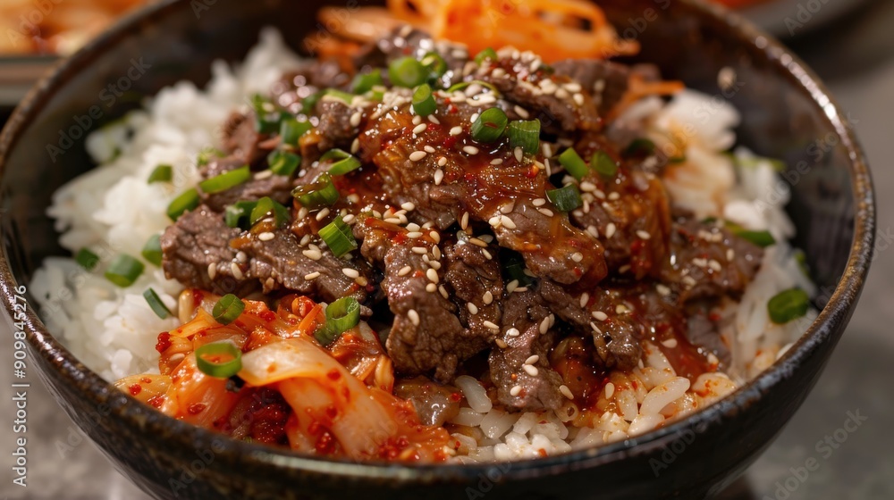 Enjoy a savory bowl of Korean bulgogi served atop fluffy rice, accompanied by tangy kimchi and garnished with sesame seeds Enjoy a savory bowl of Korean bulgogi served atop fluffy rice, accompanied by tangy kimchi and garnished with sesame seeds