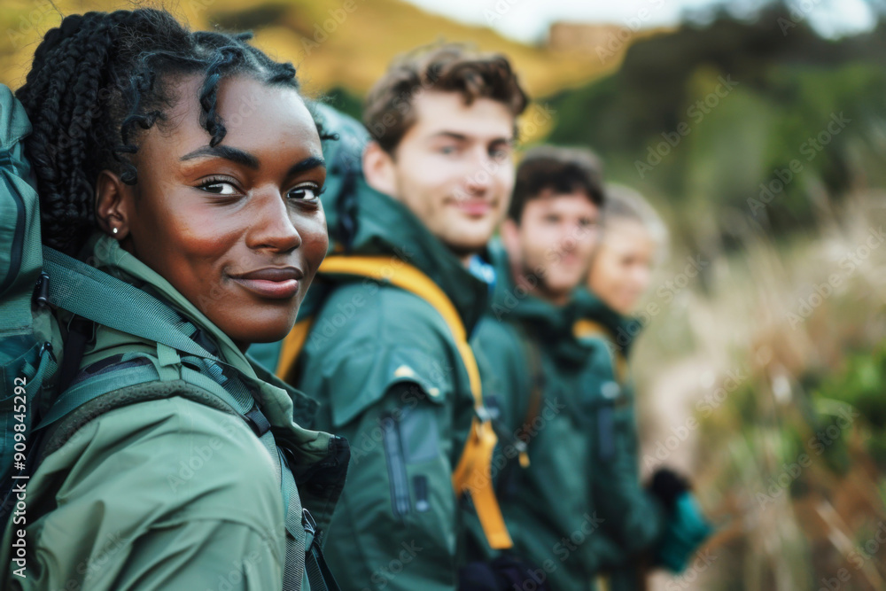 Camping spot club. Four friends hiking together Camping spot club. Four friends hiking together