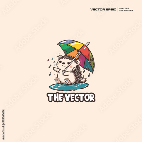 A cute hedgedog holding umbrella vector, logo, character, cartoon, illustration, eps10