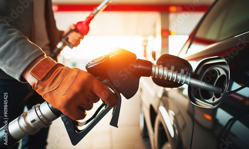 Car refueling with fuel at the refuel gasstation station. Close-up. Selective focus  photo