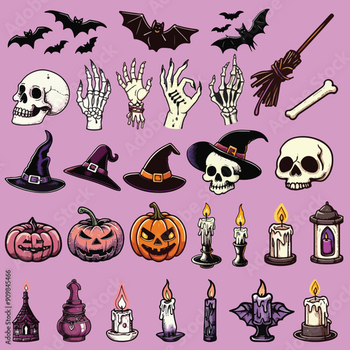 Happy Halloween Day element background vector. Cute collection of spooky ghost, pumpkin, bat, skull, candle. Adorable halloween festival illustration elements for decoration, prints.