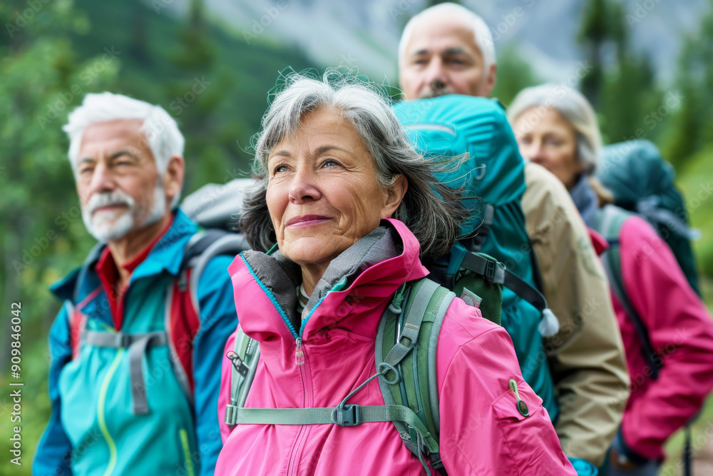 Retirement outdoor activity. Friends in their late 70s hiking to their remote camping spot with backpacks laden. Group of elderly traveller. Retirement outdoor activity. Friends in their late 70s hiking to their remote camping spot with backpacks laden. Group of elderly traveller.