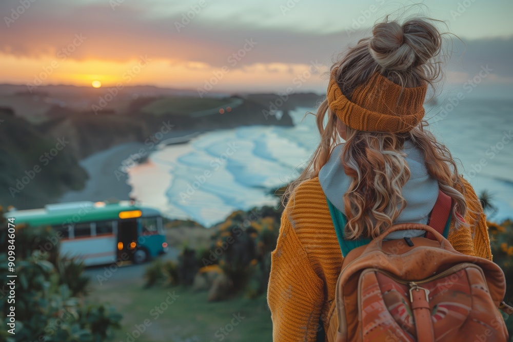 Fototapeta premium Woman Enjoys Beautiful Sunset Over Ocean While Standing on Scenic Overlook With Backpack