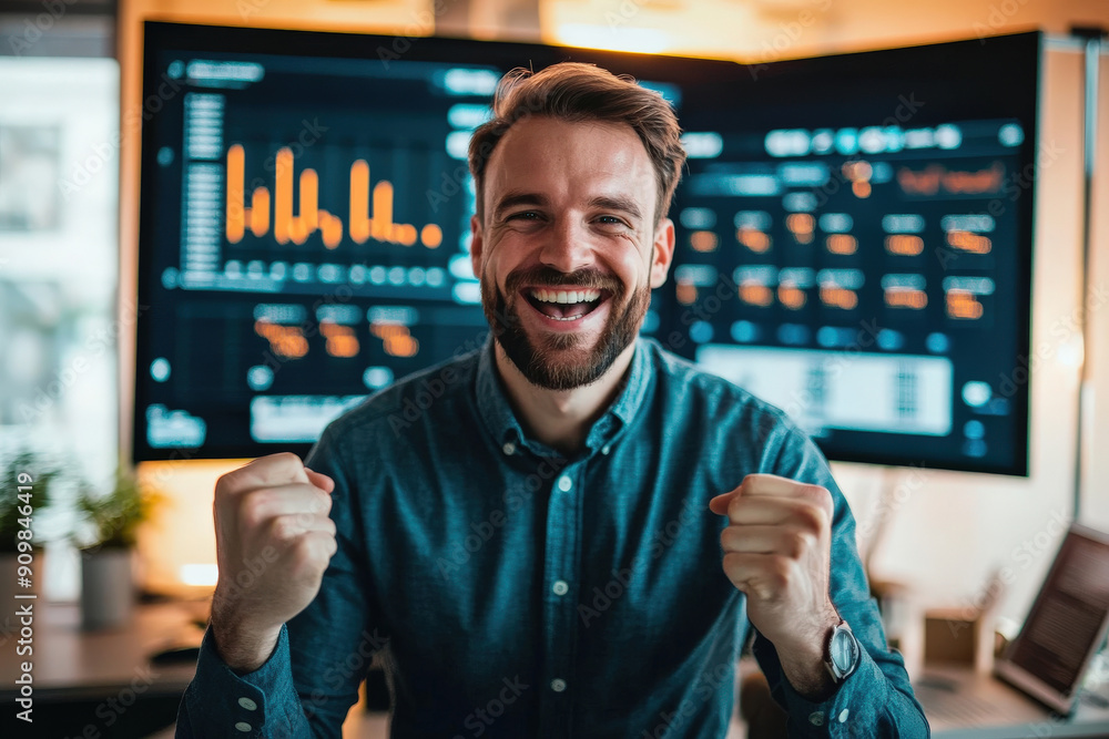 Successful business man smiling celebrating investment stock market financial benefits results in office with data graphs screens. Success, profits concept Successful business man smiling celebrating investment stock market financial benefits results in office with data graphs screens. Success, profits concept