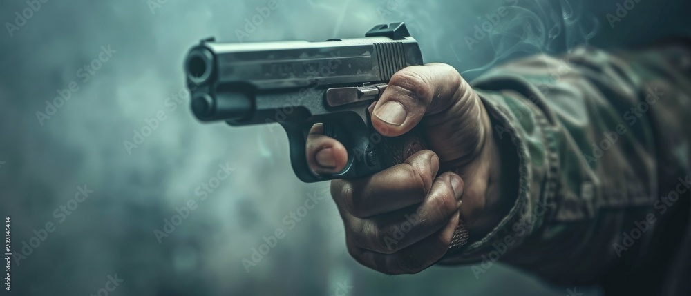 A close-up view of a shooter hands holding a pistol, emphasizing technique and control, dynamic and intense, copy space A close-up view of a shooter hands holding a pistol, emphasizing technique and control, dynamic and intense, copy space