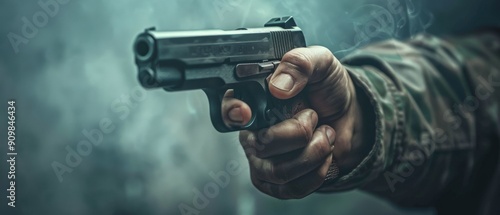 A close-up view of a shooter hands holding a pistol, emphasizing technique and control, dynamic and intense, copy space photo