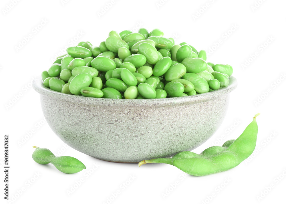 Raw green edamame soybeans and pods isolated on white Raw green edamame soybeans and pods isolated on white