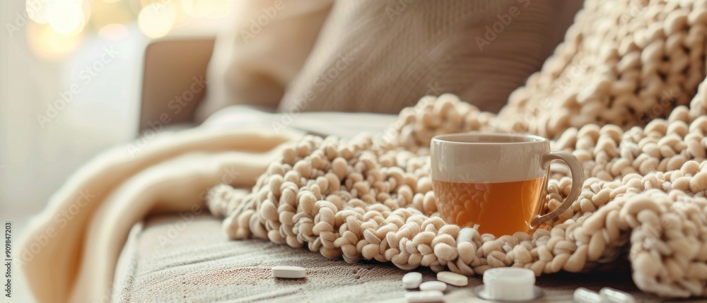 A serene scene of someone wrapped in a blanket, showing signs of a cold, with a cup of tea and medication nearby, and clear copy space A serene scene of someone wrapped in a blanket, showing signs of a cold, with a cup of tea and medication nearby, and clear copy space