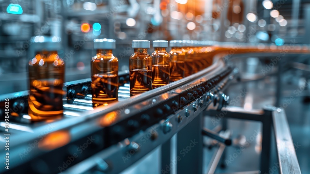 Automated Pharmaceutical Production Line with Glass Bottles in Modern Factory Setting Automated Pharmaceutical Production Line with Glass Bottles in Modern Factory Setting