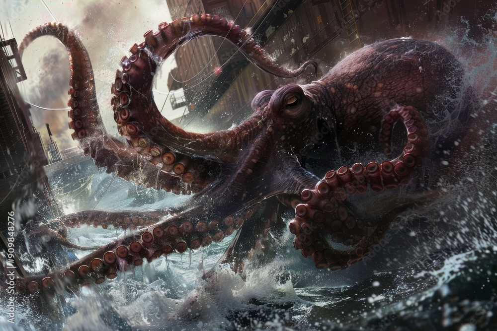 A thrilling image of a massive octopus assaulting a freighter, A thrilling image of a massive octopus assaulting a freighter,