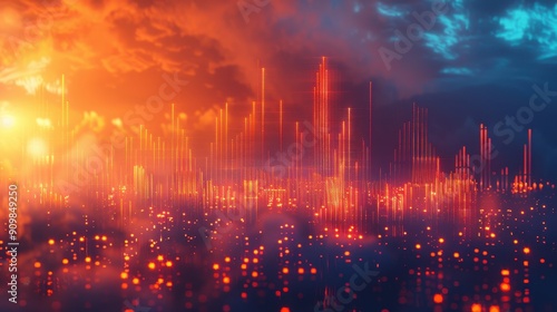 Futuristic Cityscape at Sunset with Glowing Lights and Digital Elements in a Vibrant Sky