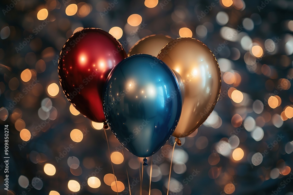 A photo of three shiny metallic balloons in red, blue and gold colors floating on top A photo of three shiny metallic balloons in red, blue and gold colors floating on top