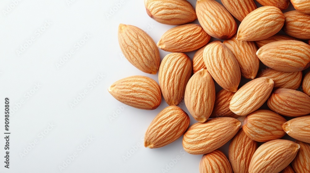 Fototapeta premium Almonds arranged in a pile on a white background, top view