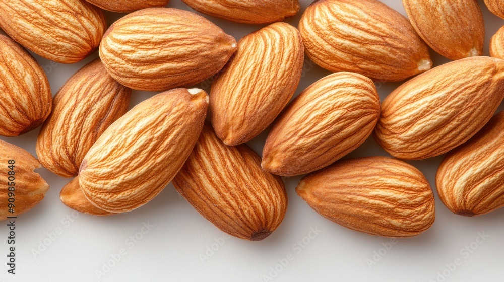 Almonds arranged in a pile on a white background, top view Almonds arranged in a pile on a white background, top view