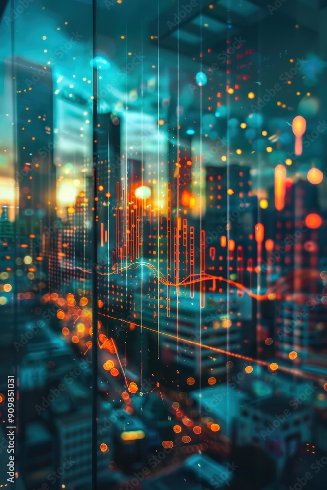 Fototapeta premium Futuristic Cityscape with Digital Data Overlay and Abstract Light Patterns Reflecting on Glass