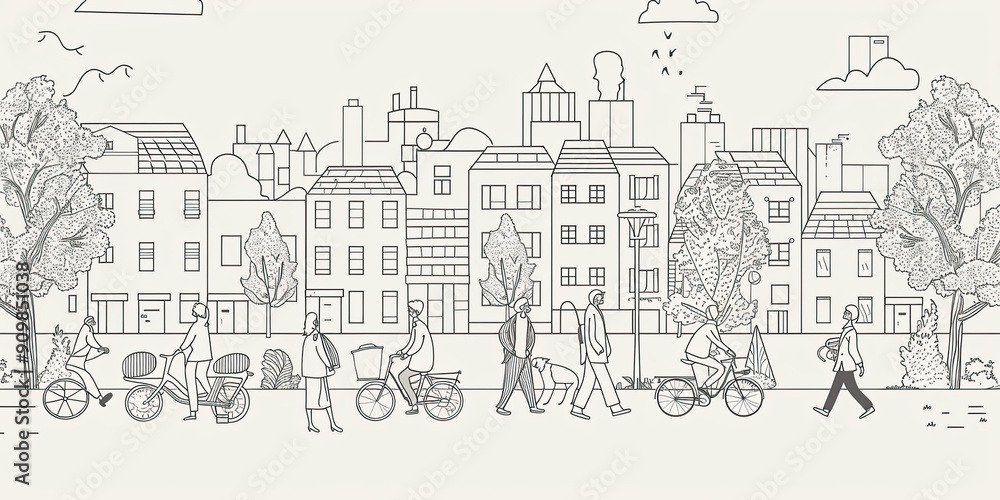 Black and white drawing of city street scene. Black and white drawing of city street scene.
