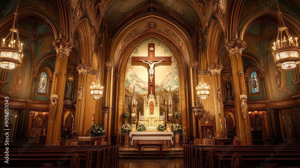 Fototapeta premium A beautifully decorated church interior with a large cross, elegant chandeliers, and ornate frescoes