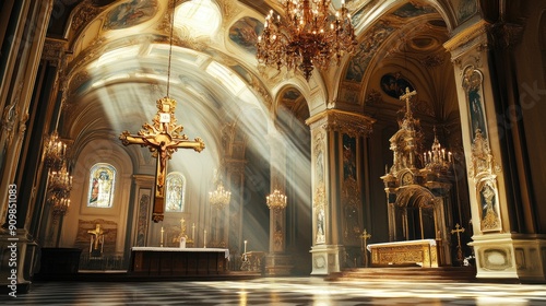 A beautifully decorated church interior with a large cross  elegant chandeliers  and ornate frescoes