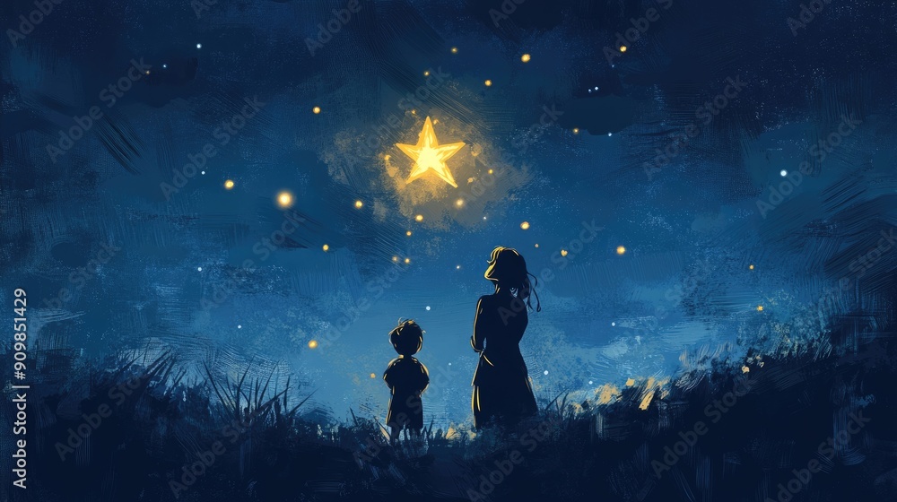 Naklejka premium A cartoon of a mother as a bright star in the night sky, shining down on her child who looks up with love.
