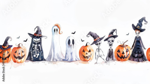 Aesthetic halloween watercolor mockup with pumpkins, ghosts, skeletons, pastel light colors and backdrop. Generative AI