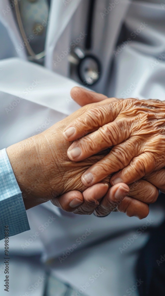 Obraz premium Close-up image displays elderly patient's aged hand and young medical professional's hand with stethoscope in background, suggesting caring connection in medical environment.