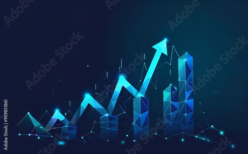 Low Poly Blue Stock Growth Graph with Arrow Up and Bar photo