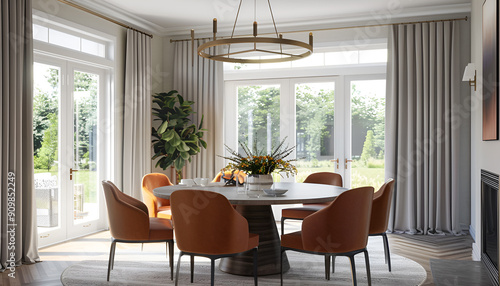 Modern dining space with round table upholstered chairs statement light fixture