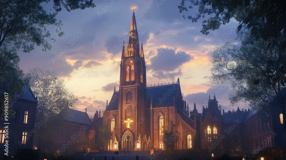A grand Gothic church with a tall spire and a golden cross, illuminated by the warm glow of evening light A grand Gothic church with a tall spire and a golden cross, illuminated by the warm glow of evening light