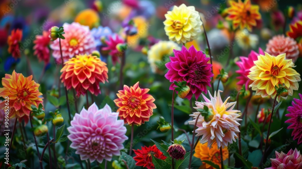 A stunning array of dahlias blooms in various colors, creating a vibrant and lively atmosphere in the garden during the peak of blooming season A stunning array of dahlias blooms in various colors, creating a vibrant and lively atmosphere in the garden during the peak of blooming season