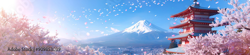 Japanese Pagoda and Mount Fuji with Cherry Blossoms and Falling Petals