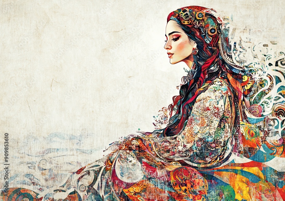 Fototapeta premium Multicolored Historical Abstract Background Painting with Significant Historical Theme, Rich Cultural Symbolism, and Intricate Details Reflecting Historical Events and Tradition