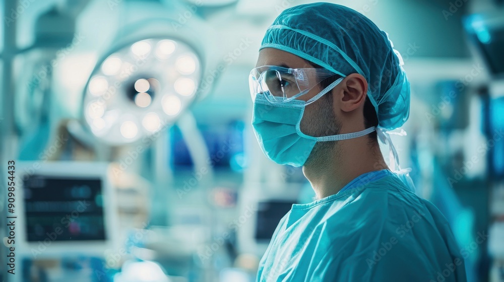 Portrait of a surgeon wearing scrubs and gloves with an operating room setting in the background Portrait of a surgeon wearing scrubs and gloves with an operating room setting in the background