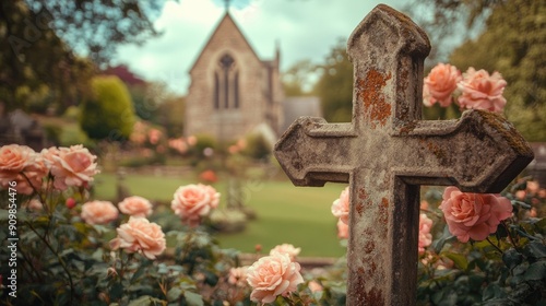 A peaceful churchyard with an old stone cross and a quaint church in the background, surrounded by blooming roses