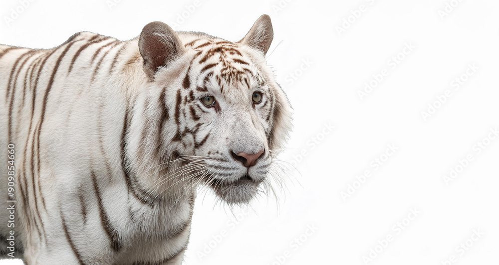 Obraz premium White tiger isolated on a white background, its fur displaying intricate black stripes and snowy white coat, vibrant colors, right closeup composition.