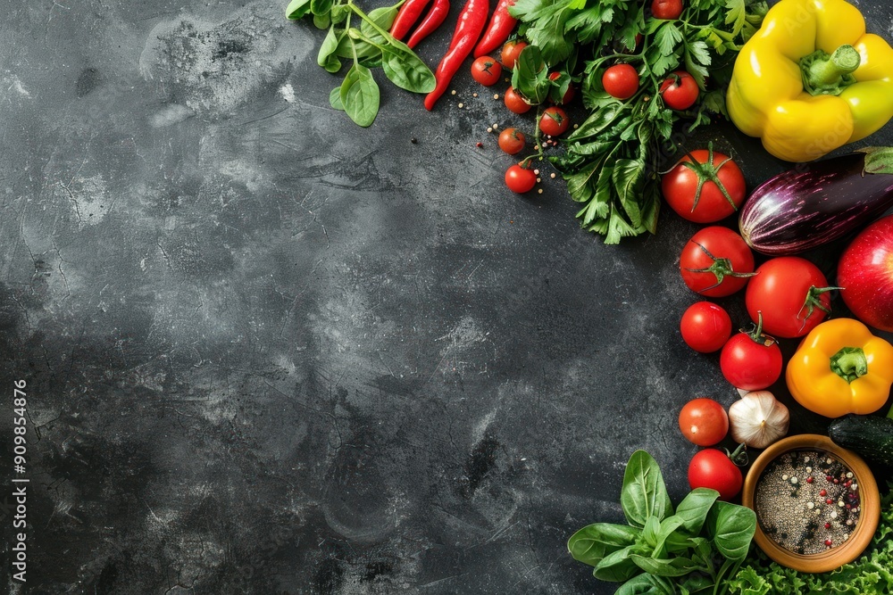 A tabletop with a variety of colorful fresh vegetables placed for preparing food in the kitchen. A copy space in the middle of the vegetables. A tabletop with a variety of colorful fresh vegetables placed for preparing food in the kitchen. A copy space in the middle of the vegetables.