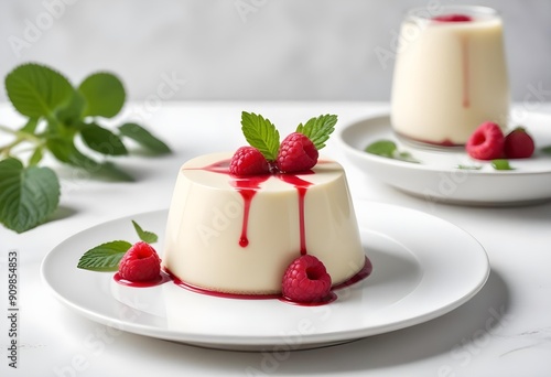 Delicious white cake with strawberry glaze and fruit pieces, served on a white plate, ready to eat