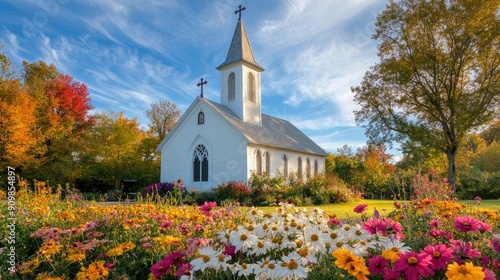 A quaint village church with a cross on its steeple, nestled among colorful flowers and trees