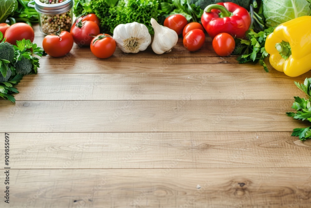 A tabletop with a variety of colorful fresh vegetables placed for preparing food in the kitchen. A copy space in the middle of the vegetables. A tabletop with a variety of colorful fresh vegetables placed for preparing food in the kitchen. A copy space in the middle of the vegetables.