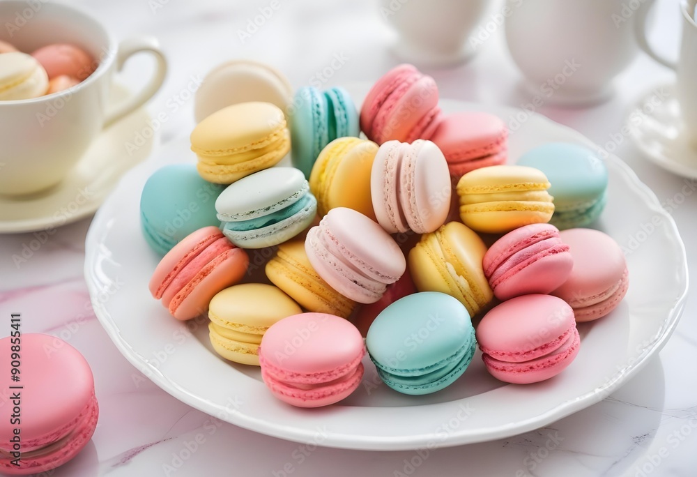 Fototapeta premium Delicious, colorful pastel macarons, captured up close on a white plate.