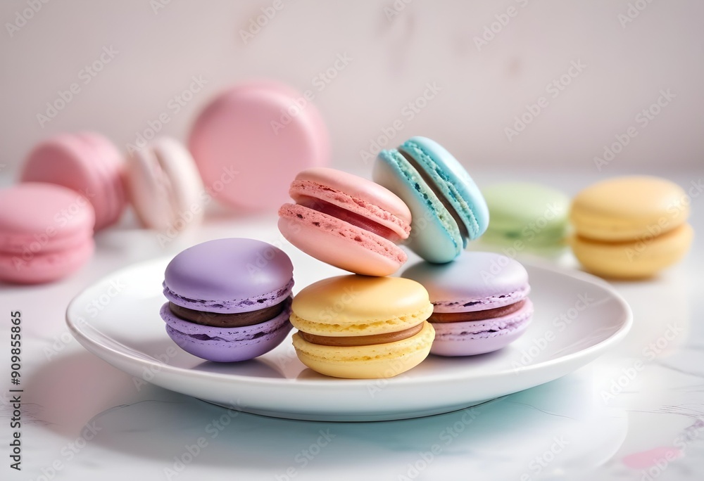Obraz premium Colorful pastel macarons arranged up close on a white plate, ready to be enjoyed.