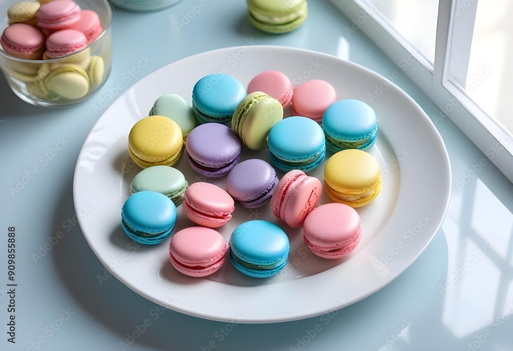 Colorful pastel macarons arranged up close on a white plate, ready to be enjoyed. Colorful pastel macarons arranged up close on a white plate, ready to be enjoyed.