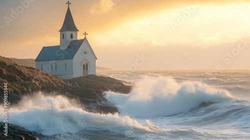 A stunning view of a seaside church with a cross on its steeple, waves gently crashing against the rocky shore