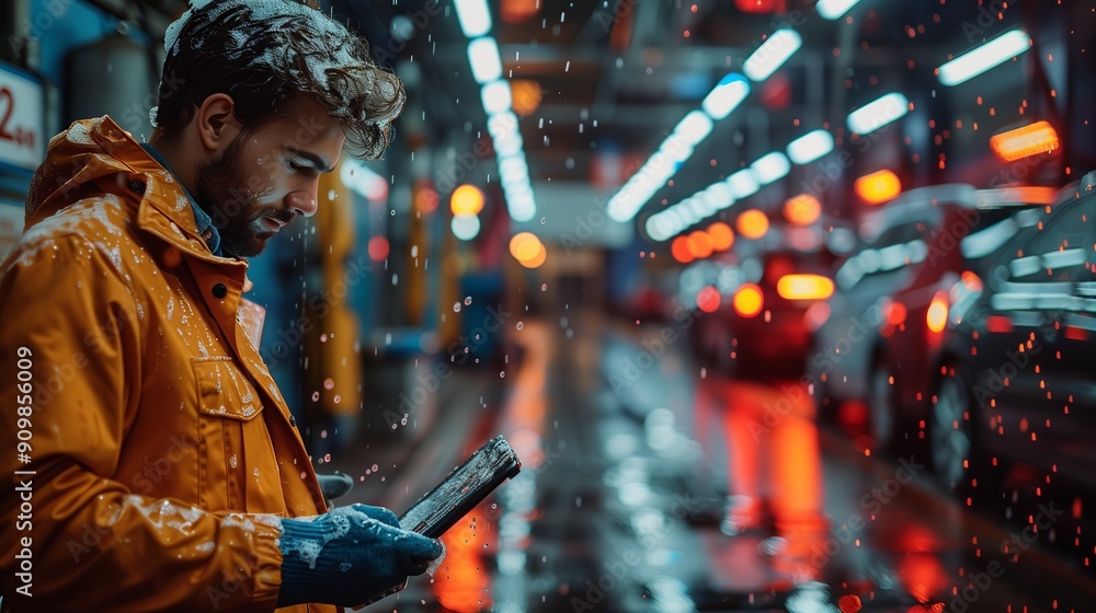 Man in Rain Jacket at Car Wash. Man wearing an orange rain jacket uses a tablet at a car wash, with cars and lights blurred in the background. Man in Rain Jacket at Car Wash. Man wearing an orange rain jacket uses a tablet at a car wash, with cars and lights blurred in the background.