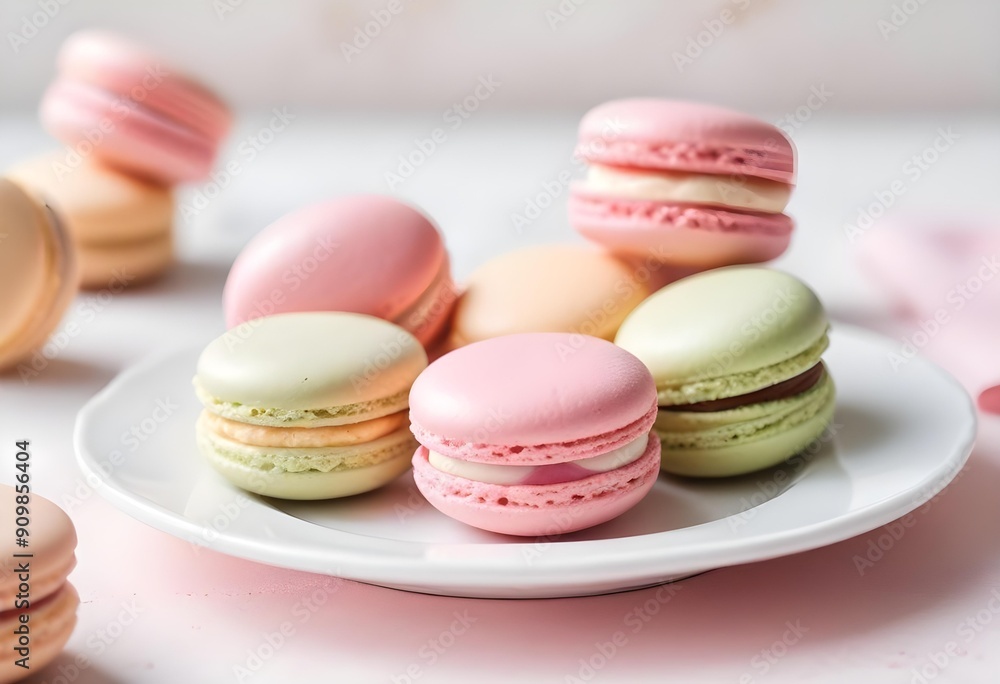 Colorful pastel macarons arranged up close on a white plate, ready to be enjoyed. Colorful pastel macarons arranged up close on a white plate, ready to be enjoyed.