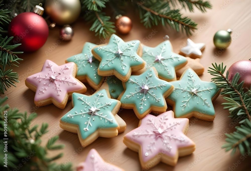 Light blue and pink freshly baked Christmas gingerbread cookies, captured up close on a wooden surface surrounded by festive decorations. Light blue and pink freshly baked Christmas gingerbread cookies, captured up close on a wooden surface surrounded by festive decorations.