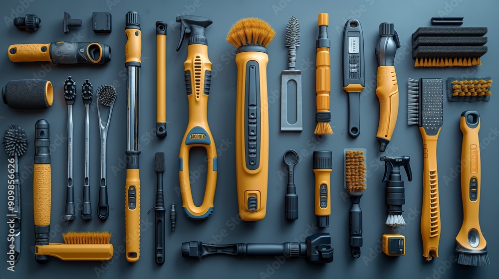 Car Care Tools and Brushes. Assortment of car care tools and brushes neatly organized, showcasing essential equipment for professional automotive detailing. Car Care Tools and Brushes. Assortment of car care tools and brushes neatly organized, showcasing essential equipment for professional automotive detailing.