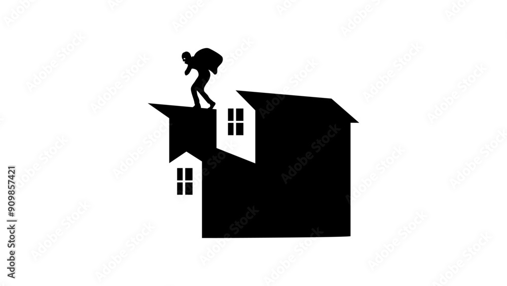 robber on the roof of the house, black isolated silhouette robber on the roof of the house, black isolated silhouette