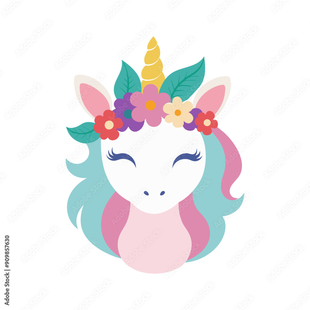 Fototapeta premium Cute unicorn face with golden horn and flowers