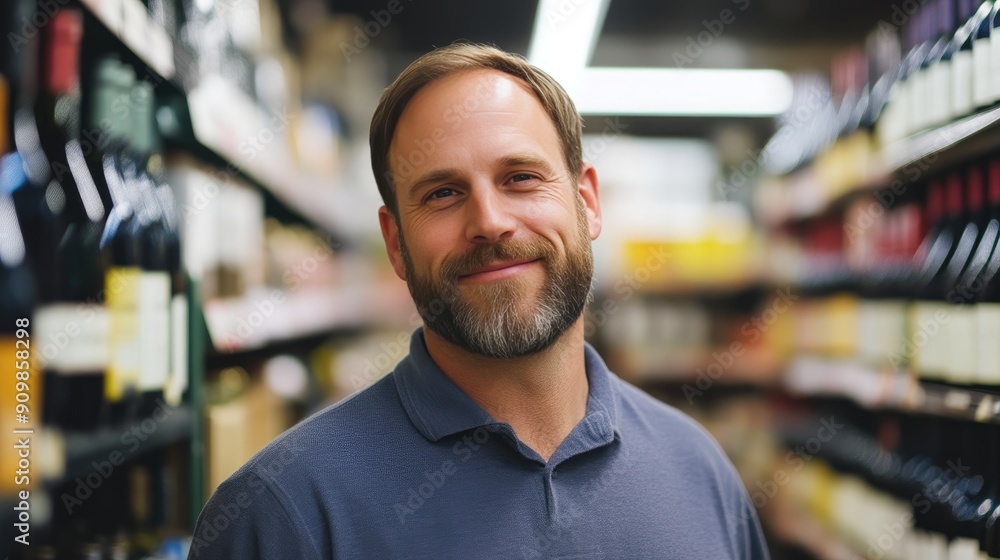Customer choosing wine in a well-stocked liquor store Customer choosing wine in a well-stocked liquor store
