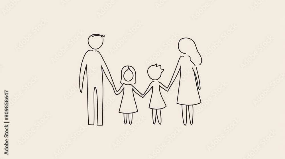 Minimalist outline of a family holding hands, with gentle curves and lines representing unity and love. Minimalist outline of a family holding hands, with gentle curves and lines representing unity and love.